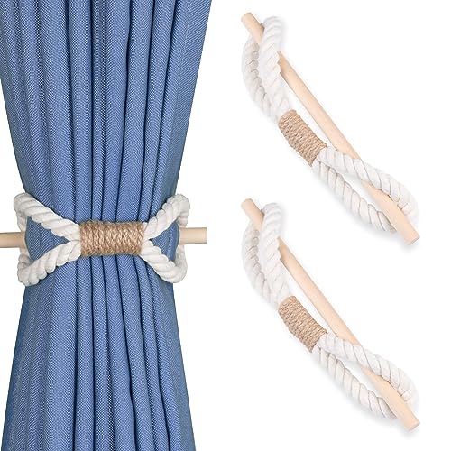OCIOLI Boho-Vorhang-Raffhalter, 2 Stück, handgefertigte Vorhangbinder mit Holzclub, beigefarbenes Baumwollseil, Vorhang-Raffhalter für Vorhänge, Bauernhaus-Dekor, Boho-Dekor (Beige Baumwollseil, 2) OCIOLI Boho-Vorhang-Raffhalter, 2 Stück, handgefertigte Vorhangbinder mit Holzclub, beigefarbenes Baumwollseil, Vorhang-Raffhalter für Vorhänge, Bauernhaus-Dekor, Boho-Dekor (Beige Baumwollseil, 2) von OCIOLI