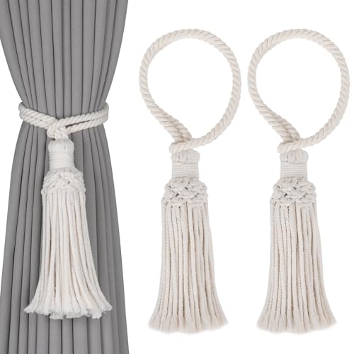 OCIOLI Dekorative Vorhang-Raffhalter im Boho-Stil, handgewebt, Baumwolle, ohne Bohren, Vorhanghalter mit Quaste, Vorhangseil und Quaste, Raffhalter für Vorhänge, natürlicher Stil (2, Beige) von OCIOLI