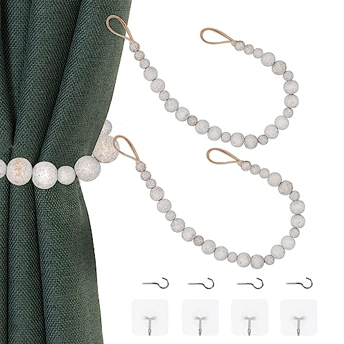 OCIOLI 4 Stück Holzperlen Vorhang Raffhalter Boho Vorhang Raffhalter Vorhang Halter für Wand Bauernhaus Vorhang Raffhalter Vorhang Raffhalter mit Haken Gardinenhaken (4, Weiß Gewaschen) von OCIOLI