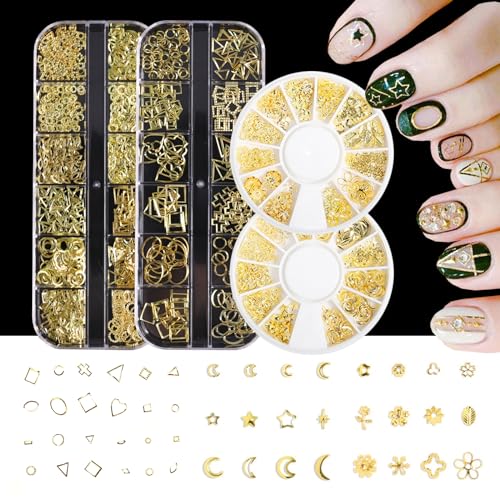Goldfarben, 12 Stile, große Hohlnieten, Schmuck, 12 Stile, kleine Hohlnieten, Blumenserie, Stern-Mond-Serie, Design-Set für Nagelkunst, Make-up, Basteldekorationen von OCOUYVD