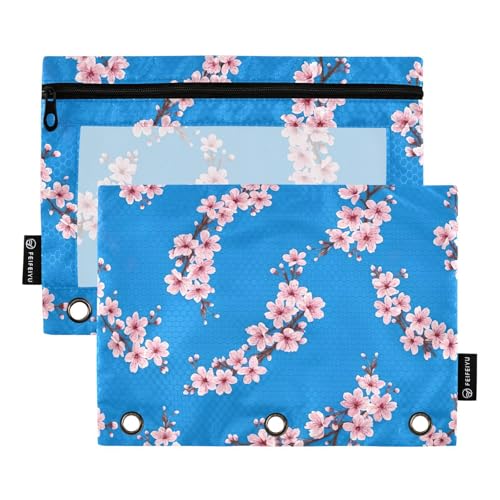 Bindertasche mit Kirschblüten und Blumen, Blau, 2 Stück, 3-Ringbuch, Bleistiftbeutel mit Reißverschluss Bindertasche mit Kirschblüten und Blumen, Blau, 2 Stück, 3-Ringbuch, Bleistiftbeutel mit Reißverschluss von ODAWA
