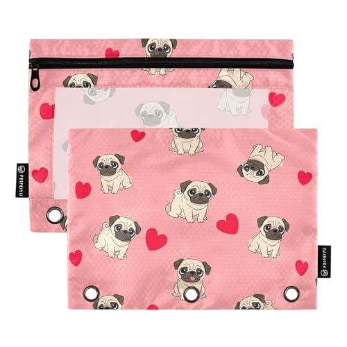 Bindertasche mit niedlichen Cartoon-Mops-Herzen, 2 Stück, 3-Ringbuch-Tasche mit verstärkten Ösen Bindertasche mit niedlichen Cartoon-Mops-Herzen, 2 Stück, 3-Ringbuch-Tasche mit verstärkten Ösen von ODAWA