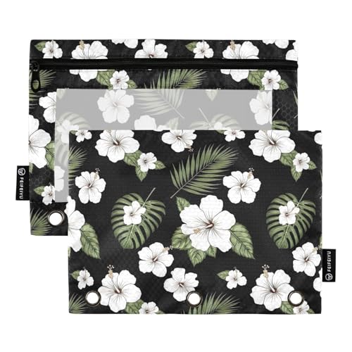 Bindertasche mit tropischen Hibiskusblüten, Palmenblättern, Schwarz, 2 Stück, 3-Ringbuch-Bleistifttasche mit glattem Reißverschluss, transparentes Fenster, Federmäppchen für Ordner Bindertasche mit tropischen Hibiskusblüten, Palmenblättern, Schwarz, 2 Stück, 3-Ringbuch-Bleistifttasche mit glattem Reißverschluss, transparentes Fenster, Federmäppchen für Ordner von ODAWA