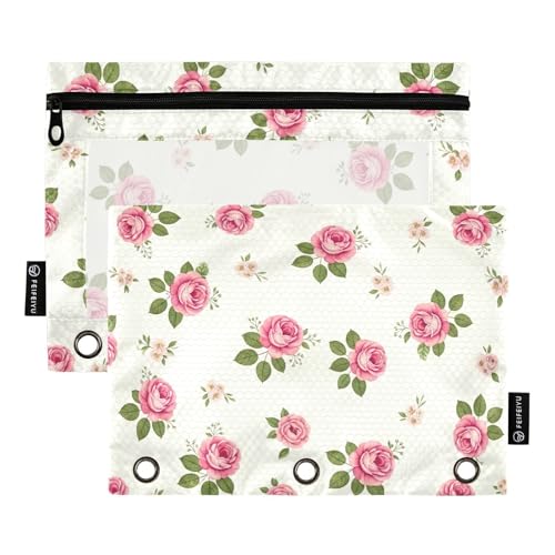 Bindertaschen mit Rosen, grüne Blätter, Blumen, Weiß, 2 Stück, Reißverschlusstasche für 3-Ringbücher mit glattem Reißverschluss, transparentes Fenster, Federmäppchen für Ordner Bindertaschen mit Rosen, grüne Blätter, Blumen, Weiß, 2 Stück, Reißverschlusstasche für 3-Ringbücher mit glattem Reißverschluss, transparentes Fenster, Federmäppchen für Ordner von ODAWA