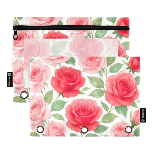 Bindertaschen mit roten Rosen, Aquarellfarben, 2 Stück, 3-Ringbuch, Federmäppchen mit transparentem Fenster, Schreibwaren-Tasche, Binder-Etui von ODAWA