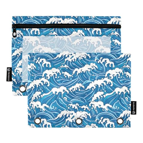 Blue Ocean Waves Binder-Bleistifttasche, 2 Stück, Reißverschlusstasche für 3-Ringbücher mit transparentem Fenster, Schreibwaren-Tasche, Binder-Etui Blue Ocean Waves Binder-Bleistifttasche, 2 Stück, Reißverschlusstasche für 3-Ringbücher mit transparentem Fenster, Schreibwaren-Tasche, Binder-Etui von ODAWA
