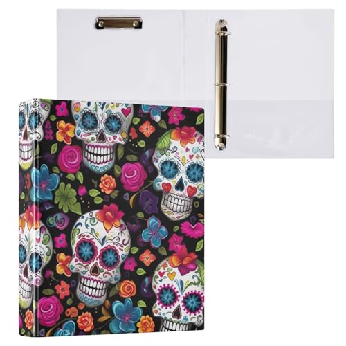 Bunte Schädel Blumen Bindemittel Zwischenablage Drei Ringbuch Dateiordner für Schule und Bürobedarf, 1 Pack von ODAWA