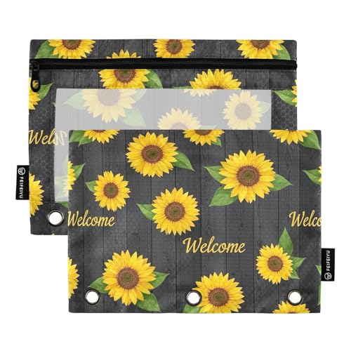 Federmäppchen aus Holz, Motiv: Sonnenblumen, grüne Blätter, 2 Stück, 3-Ringbuch-Zubehör mit glattem Reißverschluss, transparentes Fenster, Federmäppchen für Ordner Federmäppchen aus Holz, Motiv: Sonnenblumen, grüne Blätter, 2 Stück, 3-Ringbuch-Zubehör mit glattem Reißverschluss, transparentes Fenster, Federmäppchen für Ordner von ODAWA