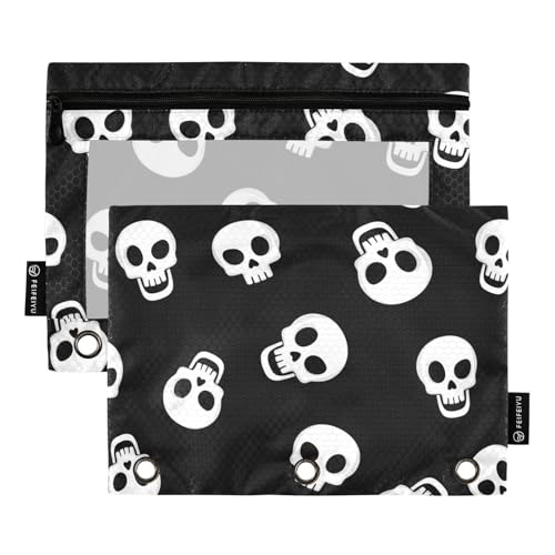 Federmäppchen mit Cartoon-Motiv, weiße Totenköpfe, schwarze Augen, 2 Stück, 3-Ringbuch, Bleistiftbeutel mit Reißverschluss Federmäppchen mit Cartoon-Motiv, weiße Totenköpfe, schwarze Augen, 2 Stück, 3-Ringbuch, Bleistiftbeutel mit Reißverschluss von ODAWA