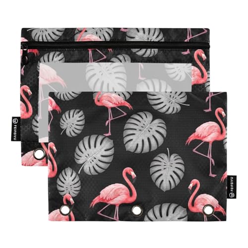 Federmäppchen mit Reißverschluss, Motiv: Flamingos, tropische Blätter, Schwarz, 2 Stück, 3 Ringbücher, Federmäppchen, Kosmetiktasche Federmäppchen mit Reißverschluss, Motiv: Flamingos, tropische Blätter, Schwarz, 2 Stück, 3 Ringbücher, Federmäppchen, Kosmetiktasche von ODAWA