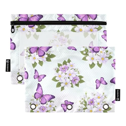 Federmäppchen mit Schmetterlingen und Blumen, Violett, 2 Stück, 3 Ringbücher, Zubehör mit verstärkten Ösen Federmäppchen mit Schmetterlingen und Blumen, Violett, 2 Stück, 3 Ringbücher, Zubehör mit verstärkten Ösen von ODAWA