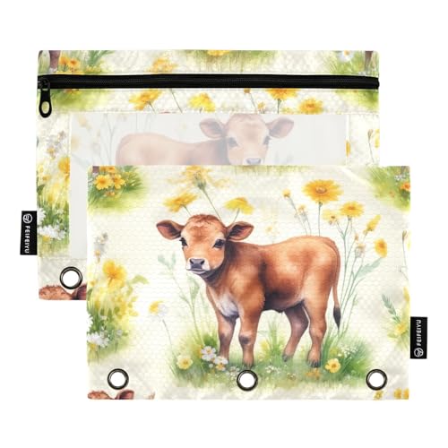 Federmäppchen mit niedlichem Kuh-Wildblumen-Motiv, 2 Stück, 3-Ringbuch-Tasche mit transparentem Fenster, Schreibwaren-Tasche Federmäppchen mit niedlichem Kuh-Wildblumen-Motiv, 2 Stück, 3-Ringbuch-Tasche mit transparentem Fenster, Schreibwaren-Tasche von ODAWA