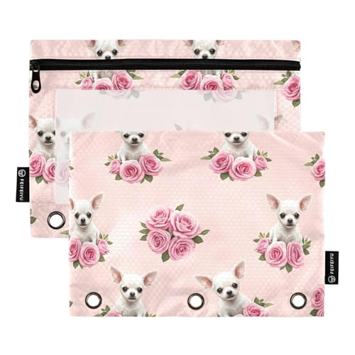 Federmäppchen mit niedlichem Rosenmotiv, 2 Stück, 3-Ringbuch-Tasche mit glattem Reißverschluss, transparentes Fenster, Federmäppchen für Ordner von ODAWA