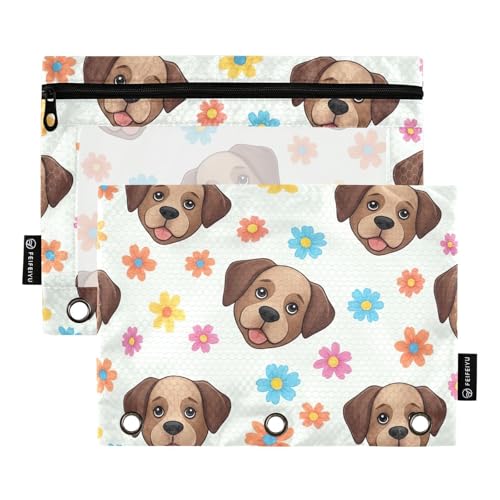 Federmäppchen mit niedlichem braunem Hund, buntes Blumenmuster, 2 Stück, 3-Ringbuch-Tasche mit glattem Reißverschluss, transparentes Fenster, Federmäppchen für Ordner Federmäppchen mit niedlichem braunem Hund, buntes Blumenmuster, 2 Stück, 3-Ringbuch-Tasche mit glattem Reißverschluss, transparentes Fenster, Federmäppchen für Ordner von ODAWA