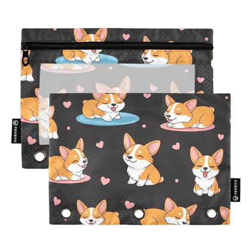 Federmäppchen mit niedlichen Cartoon-Hunden, schwarz, 2 Stück, 3-Ringbuch, Federmäppchen mit verstärkten Ösen Federmäppchen mit niedlichen Cartoon-Hunden, schwarz, 2 Stück, 3-Ringbuch, Federmäppchen mit verstärkten Ösen von ODAWA