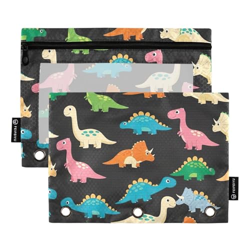 Federmäppchen mit süßem Dino-Motiv, Schwarz, 2 Stück, 3-Ringbuch-Tasche mit Reißverschluss Federmäppchen mit süßem Dino-Motiv, Schwarz, 2 Stück, 3-Ringbuch-Tasche mit Reißverschluss von ODAWA
