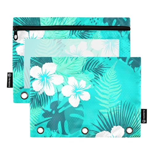 Federmäppchen mit tropischem Hibiskusblüten, blaugrün, 3-Ringbuch, mit glattem Reißverschluss, transparentes Fenster, Federmäppchen für Ordner, langlebige Binder, Federmäppchen, 2 Stück von ODAWA