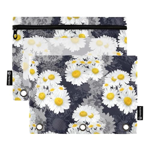 Federmäppchen mit weißen Gänseblümchen und gelben grauen Blumen, 2 Stück, 3 Ringbücher, Bleistiftbeutel, Reißverschluss, Kosmetiktasche Federmäppchen mit weißen Gänseblümchen und gelben grauen Blumen, 2 Stück, 3 Ringbücher, Bleistiftbeutel, Reißverschluss, Kosmetiktasche von ODAWA