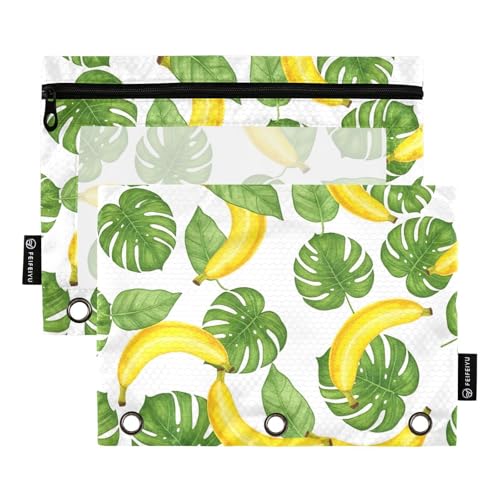Gelbe Bananen, tropische Blätter, weiße Binder-Bleistifttasche, 2 Stück, 3 Ringbücher, Zubehör, Reißverschluss, Federmäppchen, Kosmetiktasche Gelbe Bananen, tropische Blätter, weiße Binder-Bleistifttasche, 2 Stück, 3 Ringbücher, Zubehör, Reißverschluss, Federmäppchen, Kosmetiktasche von ODAWA