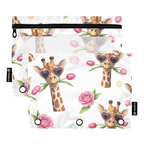 Giraffen-Herz-Sonnenbrillen-Binderbeutel, 2 Stück, 3-Ringbuch-Zubehör mit glattem Reißverschluss, transparentes Fenster, Federmäppchen für Ordner von ODAWA