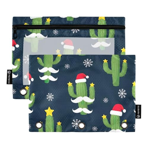 Green Cacti Christmas Trees 3-Ringbuch mit Reißverschluss und transparentem Fenster, langlebiges Federmäppchen, 2 Stück von ODAWA