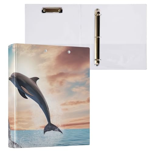 Klemmbrett mit 3 Ringen, Motiv Delfine, springender Wolkenhimmel, mit Klemmbrett, Aktenordner für Schule und Büro, 2 Stück von ODAWA
