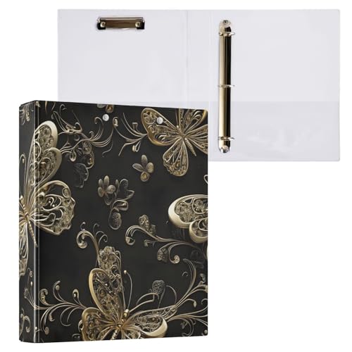 Klemmbrett mit 3-Ringen, goldfarbene Schmetterlinge, Blumenmuster, Schwarz, für 200 Blatt, Aktenordner für Schule und Büro, 2 Stück von ODAWA