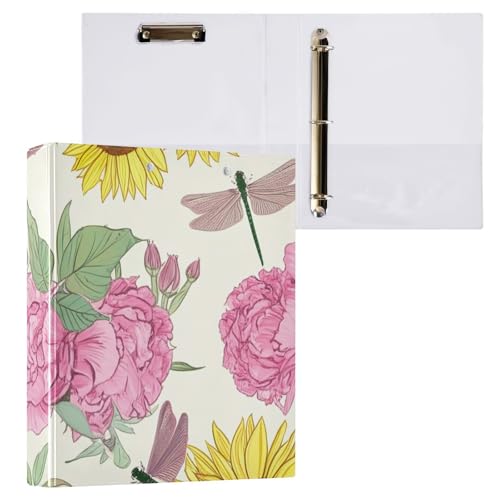 Klemmbrett mit Sonnenblume, Pfingstrose, Libellen, cremefarben, 3 runde Ringe, 2,5 cm, Ringbuch, Organizer, 1 Stück Klemmbrett mit Sonnenblume, Pfingstrose, Libellen, cremefarben, 3 runde Ringe, 2,5 cm, Ringbuch, Organizer, 1 Stück von ODAWA