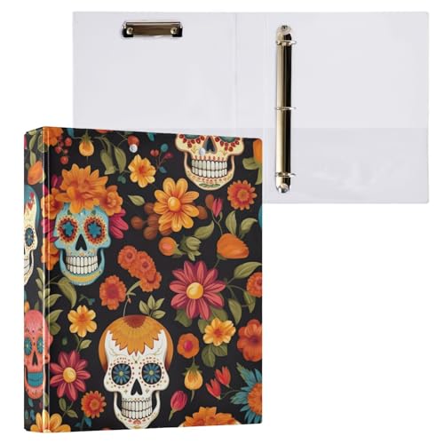 Klemmbrett mit Totenkopf-Blumen, 3-Ringbuch mit Klemmbrett, Aktenordner für Schule und Büro, Schwarz, 2 Stück von ODAWA