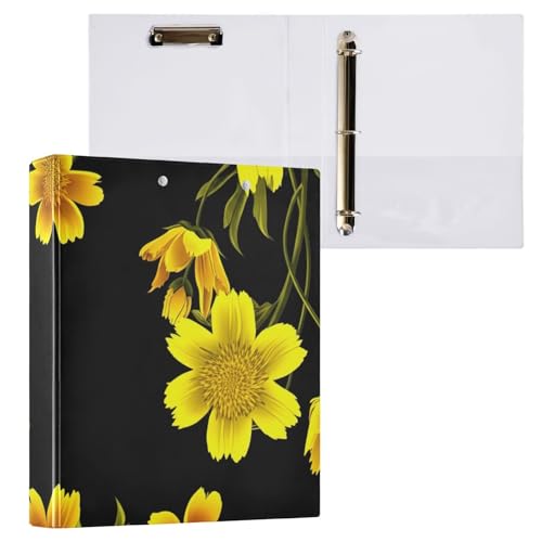 Klemmbrettmappe mit 3 Ringen, gelbes Blumenmuster, schwarz, Ordner mit Profil, Klemmbrett, Aktenordner für Schule und Bürobedarf, 2 Stück von ODAWA