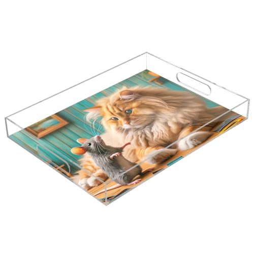 Transparentes Serviertablett mit Griff, lustige Katze, verleiht der Maus einen Haarschnitt, Acryl-Tablett, dekoratives Tablett, Briefablage, Organizer für Arbeitsplatte Transparentes Serviertablett mit Griff, lustige Katze, verleiht der Maus einen Haarschnitt, Acryl-Tablett, dekoratives Tablett, Briefablage, Organizer für Arbeitsplatte von ODAWA