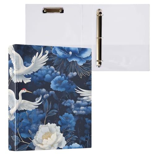 White Cranes Klemmbrett mit blauen Pfingstrosen, 3-Ring-Ordner, hält 200 Blatt, Aktenordner für Bürobedarf, 1 Packung von ODAWA