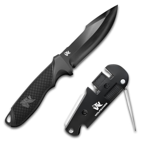 ODENWOLF W1 + Klingendoktor Set - Outdoor Messer feststehende Klinge mit Messerschärfer - Inkl. Scheide - Ideales Jagdmesser aus einem Stück D2 Stahl gefertigt - Premium Survival Messer (Schwarz) von ODENWOLF