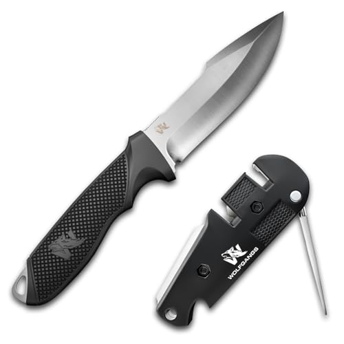 ODENWOLF W1 + Klingendoktor Set - Outdoor Messer feststehende Klinge mit Messerschärfer - Inkl. Scheide - Ideales Jagdmesser aus einem Stück D2 Stahl gefertigt - Premium Survival Messer (Silber) von ODENWOLF