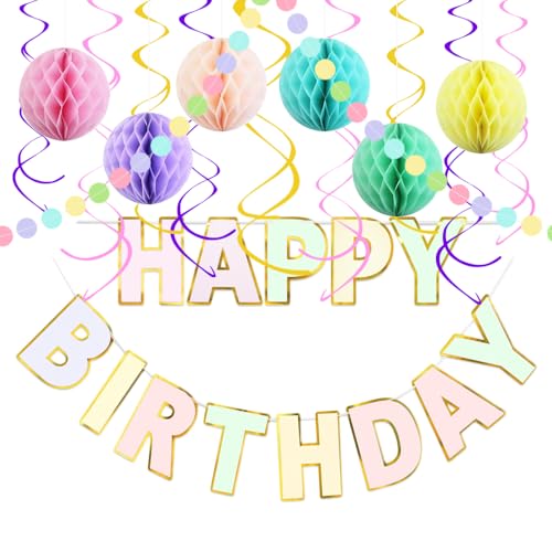 ODIWEN Happy Birthday Banner, Wabenbälle Happy Birthday Deko Girlande Banner, Geburtstagsdeko, Regenbogen Geburtstag Party Deko,Wiederverwendbare Geburtstagsdeko,Geburtstag Wimpelkette von ODIWEN