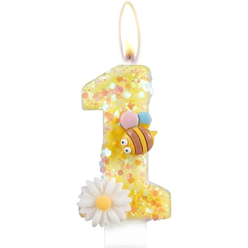 Geburtstagskerzen, Kerzen für Kuchen, Glitzer Geburtstagskerzen Kuchen Kerzen Topper für Mädchen Baby Geburtstag Party Jubiläum Geburtstagsfeier (Gelbe Biene, 1) von ODOOKON