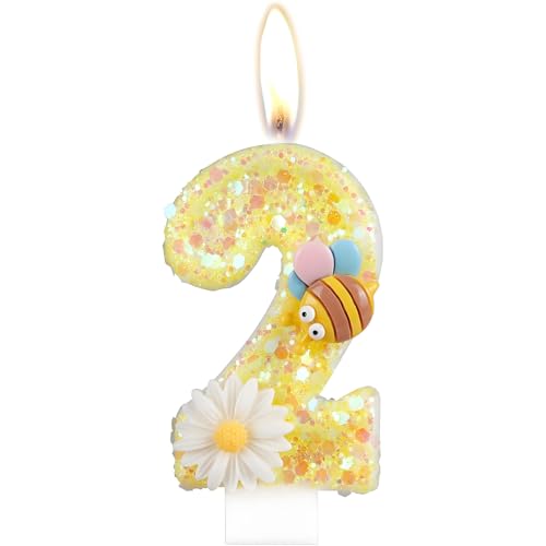 Geburtstagskerzen, Kerzen für Kuchen, Glitzer Geburtstagskerzen Kuchen Kerzen Topper für Mädchen Baby Geburtstag Party Jubiläum Geburtstagsfeier (Gelbe Biene, 2) von ODOOKON