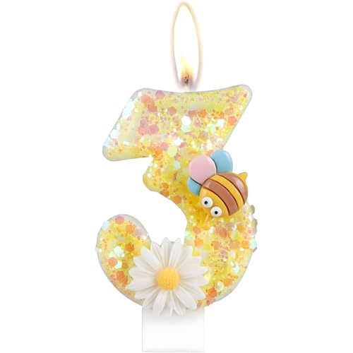 Geburtstagskerzen, Kerzen für Kuchen, Glitzer Geburtstagskerzen Kuchen Kerzen Topper für Mädchen Baby Geburtstag Party Jubiläum Geburtstagsfeier (Gelbe Biene, 3) von ODOOKON