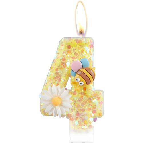 Geburtstagskerzen, Kerzen für Kuchen, Glitzer Geburtstagskerzen Kuchen Kerzen Topper für Mädchen Baby Geburtstag Party Jubiläum Geburtstagsfeier (Gelbe Biene, 4) von ODOOKON