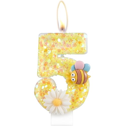 Geburtstagskerzen, Kerzen für Kuchen, Glitzer Geburtstagskerzen Kuchen Kerzen Topper für Mädchen Baby Geburtstag Party Jubiläum Geburtstagsfeier (Gelbe Biene, 5) von ODOOKON