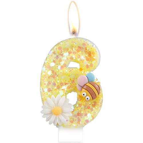 Geburtstagskerzen, Kerzen für Kuchen, Glitzer Geburtstagskerzen Kuchen Kerzen Topper für Mädchen Baby Geburtstag Party Jubiläum Geburtstagsfeier (Gelbe Biene, 6) von ODOOKON
