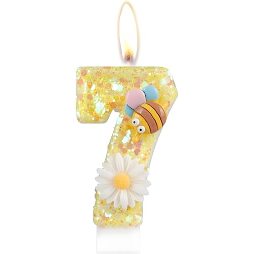 Geburtstagskerzen, Kerzen für Kuchen, Glitzer Geburtstagskerzen Kuchen Kerzen Topper für Mädchen Baby Geburtstag Party Jubiläum Geburtstagsfeier (Gelbe Biene, 7) von ODOOKON