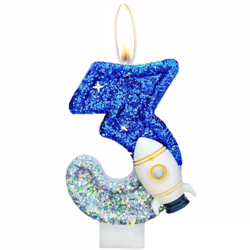 Geburtstagskerzen, Kerzen für Kuchen, Glitzer Geburtstagskerzen Kuchen Kerzen Topper für Mädchen Baby Geburtstag Party Jubiläum Geburtstagsfeier (Rakete, 3) von ODOOKON