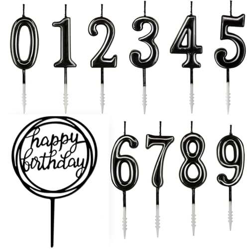 Geburtstagskerzen Zahlen 0-9 Mit einer Happy-Birthday-Plakette, 5cm Kerzen Geburtstag, Tortendeko Geburtstag, Kuchendeko Geburtstag, Geburtstagskerzen für Geburtstagsdeko (Schwarz) von ODOOKON