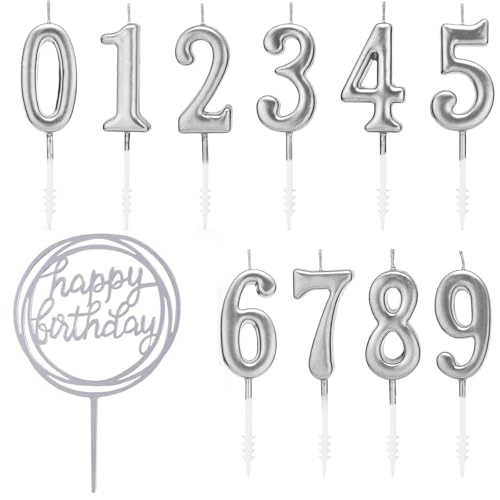 Geburtstagskerzen Zahlen 0-9 Mit einer Happy-Birthday-Plakette, 5cm Kerzen Geburtstag, Tortendeko Geburtstag, Kuchendeko Geburtstag, Geburtstagskerzen für Geburtstagsdeko (Silber) von ODOOKON