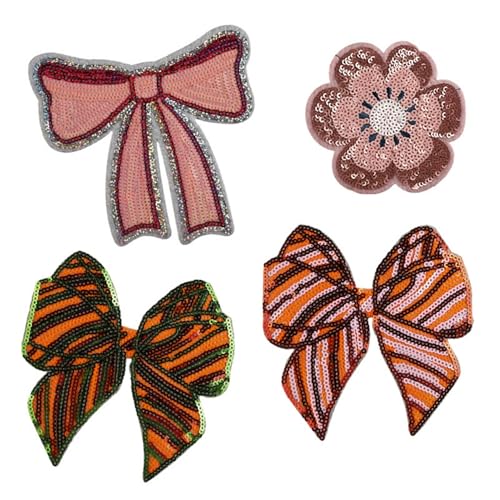 4-teiliges Set zum Aufbügeln mit Pailletten, rosa Schleife und Blumen 4-teiliges Set zum Aufbügeln mit Pailletten, rosa Schleife und Blumen von ODSS