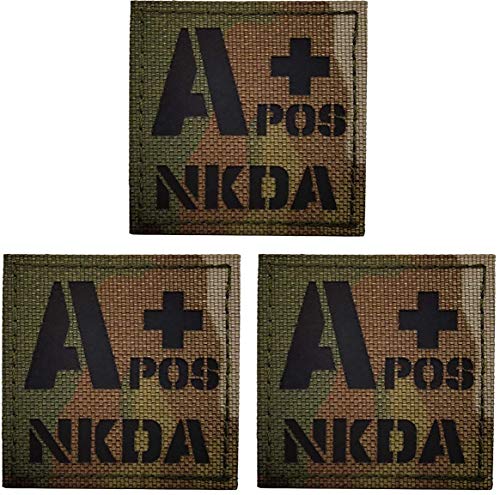 Ein positives Bluttyp-Patch, A POS A+ NKDA Infrarot Ir reflektierende medizinische Patches, Klettverschluss Rückseite – 4,97 x 4,97 cm – Bündel mit 3 Stück – keine bekannten Medikamentenallergien von ODSS