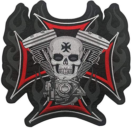 Großes Motorrad-Aufnäher, bestickt, Aufnäher, Biker, Totenkopf, Motor, V, Zwillingskreuz, für Kleidung, MC, Weste, Jacken, Rucksäcke, 24,9 x 26,4 cm Großes Motorrad-Aufnäher, bestickt, Aufnäher, Biker, Totenkopf, Motor, V, Zwillingskreuz, für Kleidung, MC, Weste, Jacken, Rucksäcke, 24,9 x 26,4 cm von ODSS