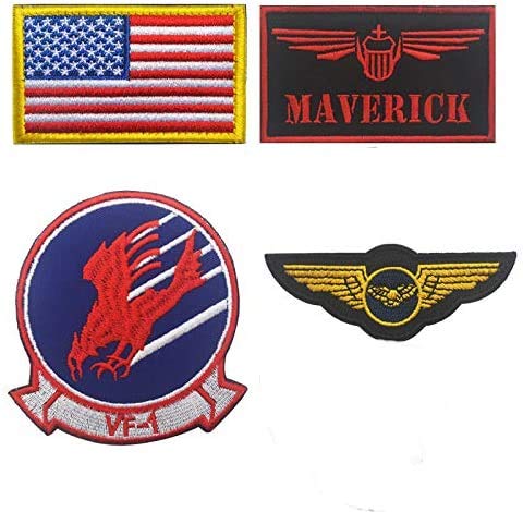 Maverick, Brave Witches Logo VF-1, Wings Crest, American US Flag Embroidered Patch Military Tactical Moral Fastener Hook Loop Backing Patches Cosplay Costume Appliques Badges 4PCS von ODSS
