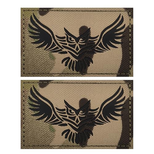 Reflektierende Eulen-Patches, 8 x 5,5 cm, Hakenverschlüsse auf der Rückseite mit Schlaufenmuster, Schwarz und Camouflage, 2 Stück Reflektierende Eulen-Patches, 8 x 5,5 cm, Hakenverschlüsse auf der Rückseite mit Schlaufenmuster, Schwarz und Camouflage, 2 Stück von ODSS